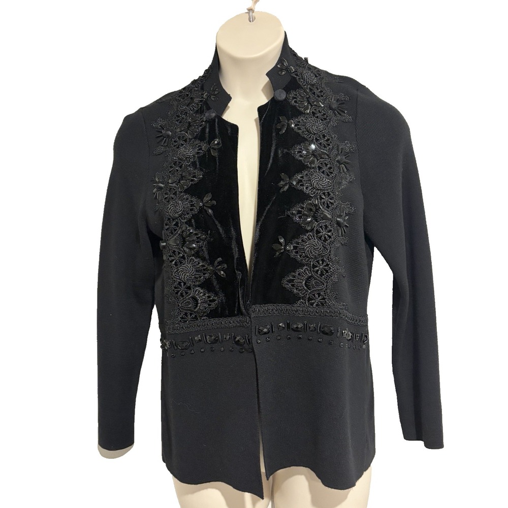 Chico's 2 Black Beaded Lace Trim Cardigan Sweater~US-L~Velvet Trim Whimsigoth